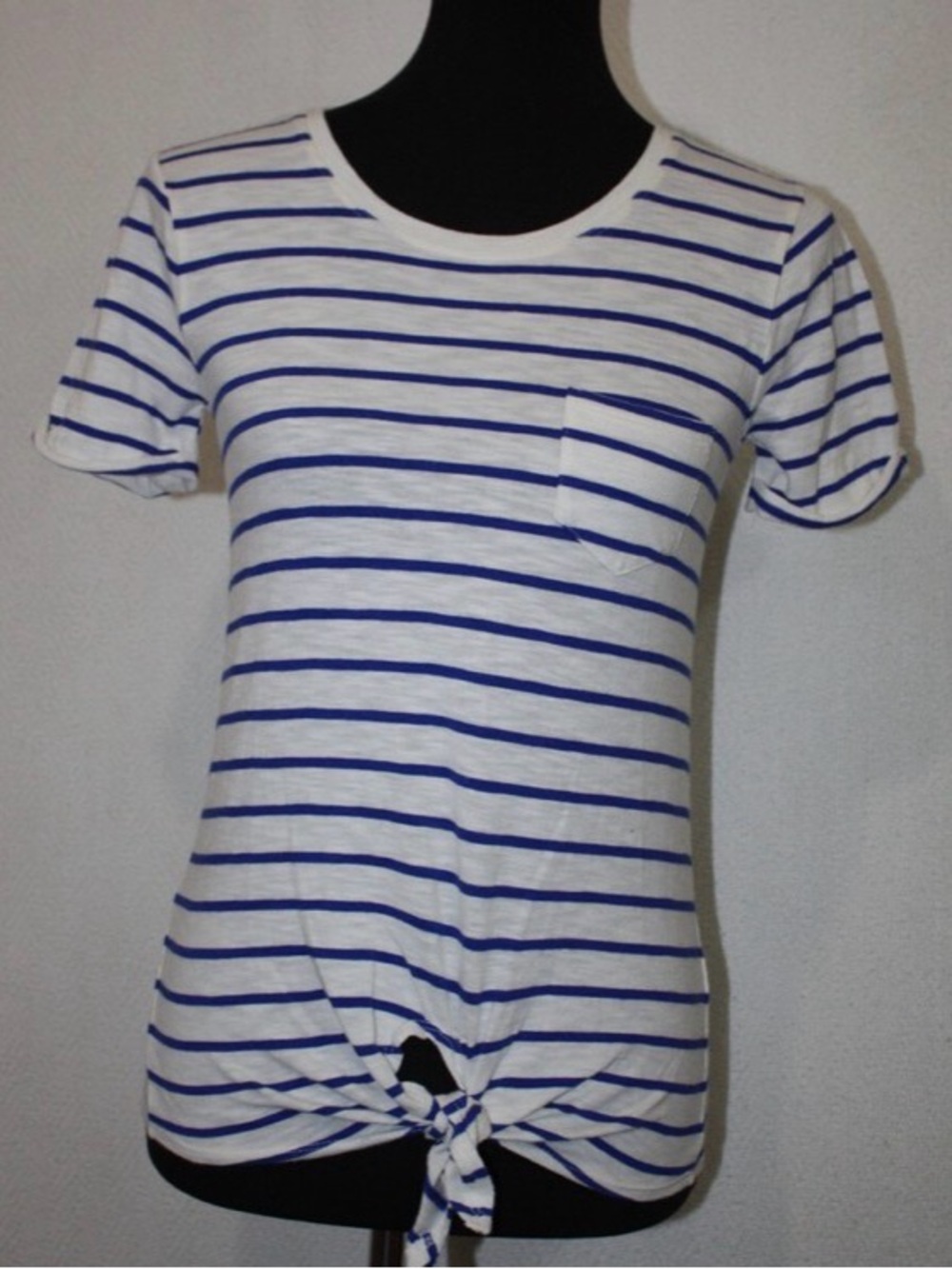 J. Crew White Tee with Blue Stripes and Front Tie